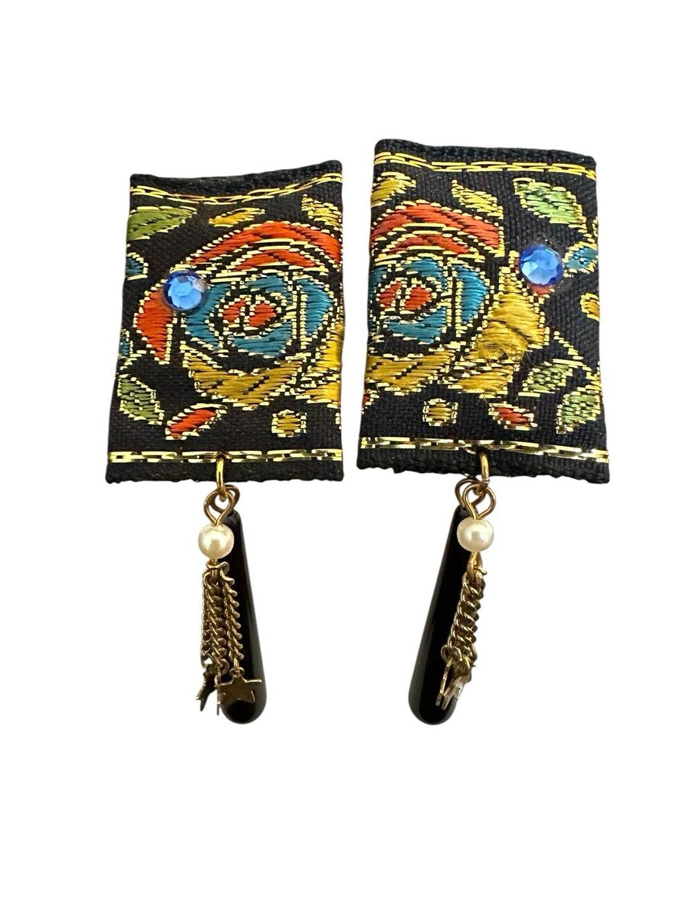 Black Floral Tapestry Earrings Blue Rhinestones with Gold Stars Dangle Drop